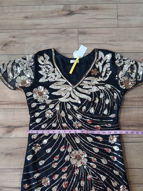 Black & Gold Art Deco Floral Cocktail Fringe V-Neck Beaded Dress New Large - Picture 9 of 16